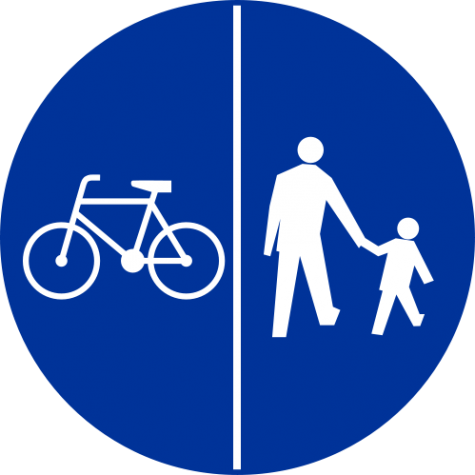 C-13/16 Znak wskazujący ruch rowerów lewą stroną drogi i ruch pieszych prawą stroną drogi - znak drogowy nakazu